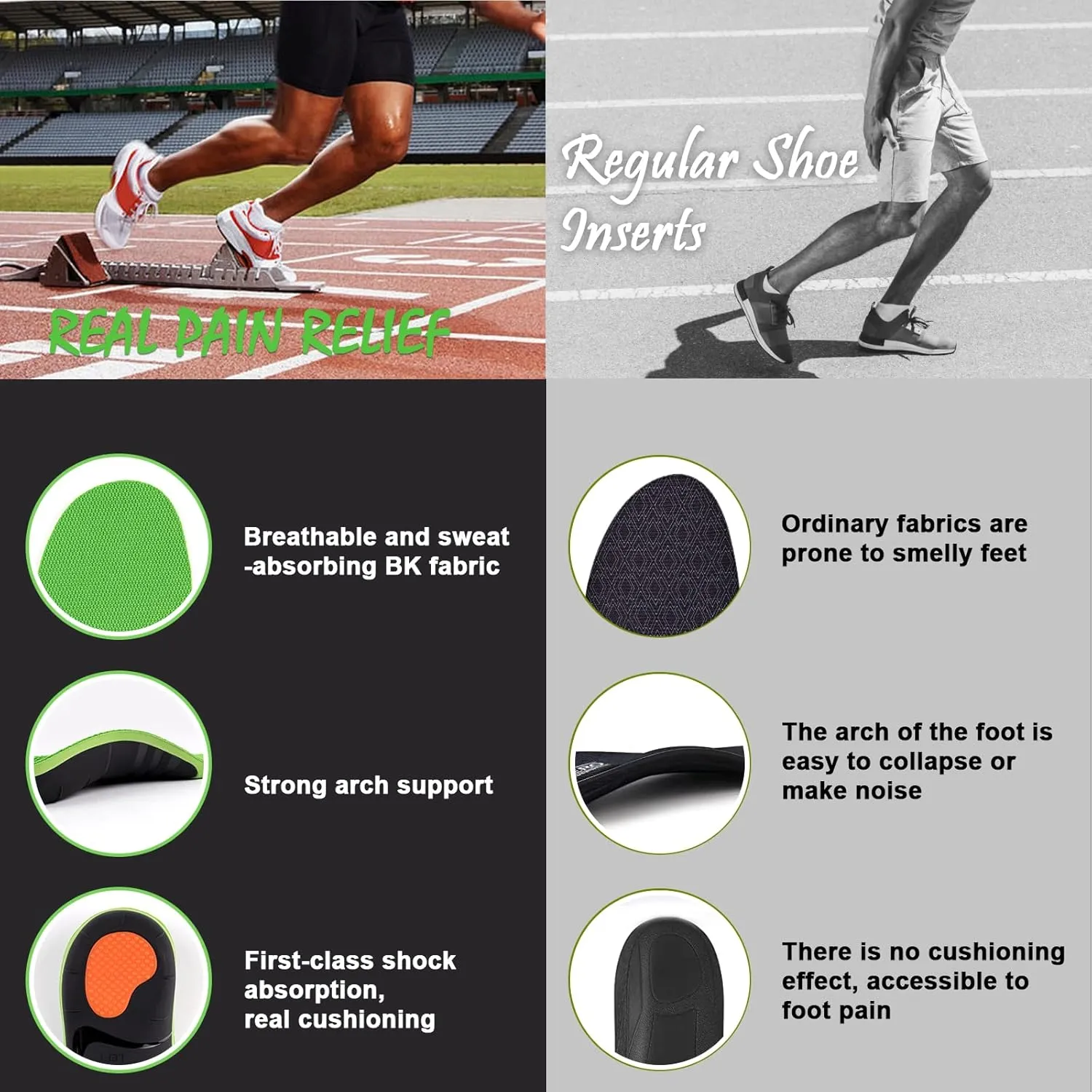 Arch Support Shoe Inserts for Women Men,Pain Relief Shoe Insoles-Standing All Day Best Insoles Heavy Duty Insoles Relieve Flat Feet,High Arch, Absorb Shock Plantar Fasciitis Insoles 220 lbs/Green M