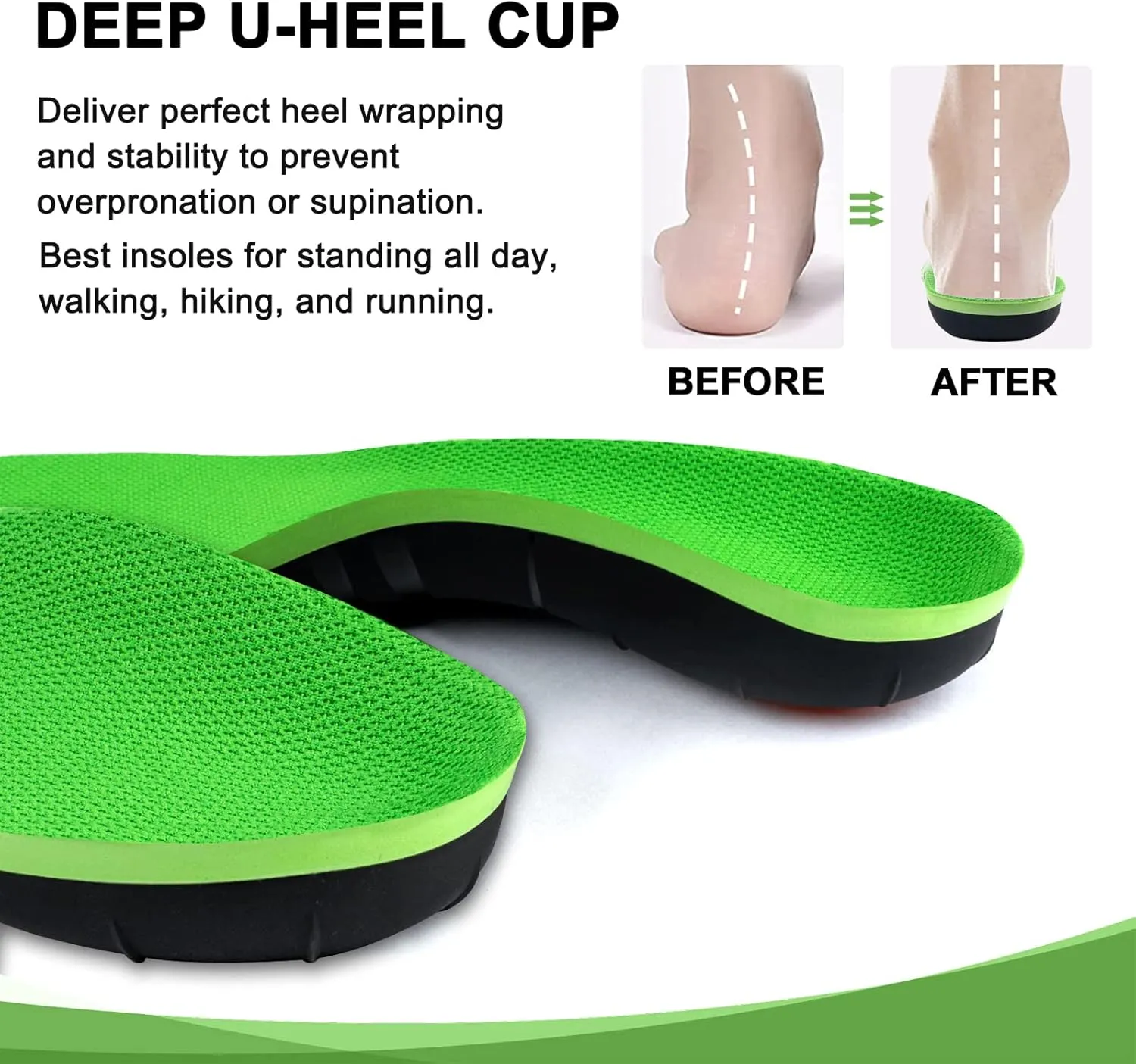 Arch Support Shoe Inserts for Women Men,Pain Relief Shoe Insoles-Standing All Day Best Insoles Heavy Duty Insoles Relieve Flat Feet,High Arch, Absorb Shock Plantar Fasciitis Insoles 220 lbs/Green M