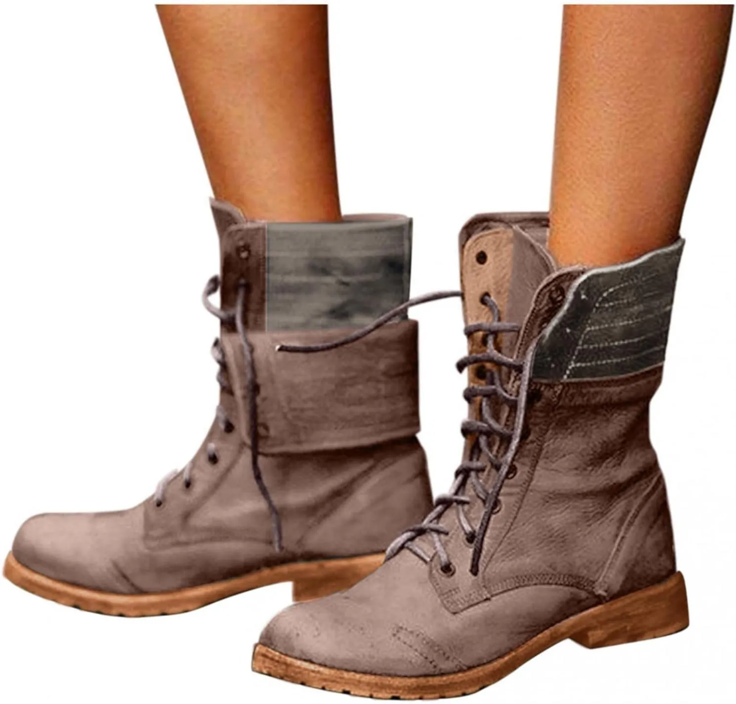 BORAMAX Women's Combat Boots Lace up Ankle Booties Fashion Mid Calf Ankle Booties Winter Warm Snow Boots Motorcycle Boots
