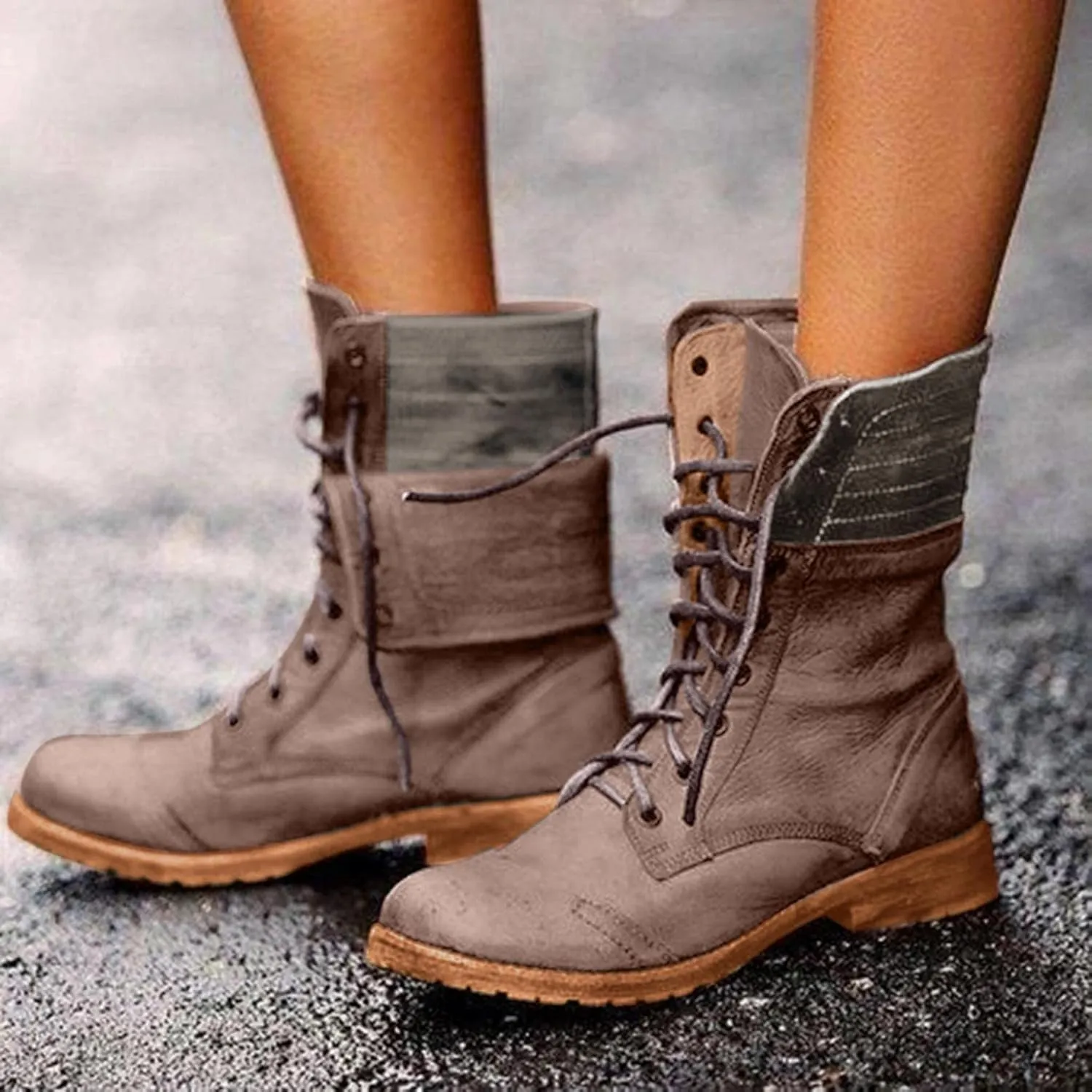 BORAMAX Women's Combat Boots Lace up Ankle Booties Fashion Mid Calf Ankle Booties Winter Warm Snow Boots Motorcycle Boots