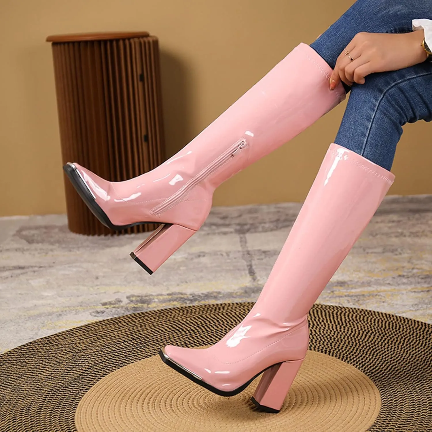 BORAMAX Women's Over The Knee Block Heel Zipper Boot Low Wedge Boots Square Toe Platform Boots Combat Boots (Wide-Calf)