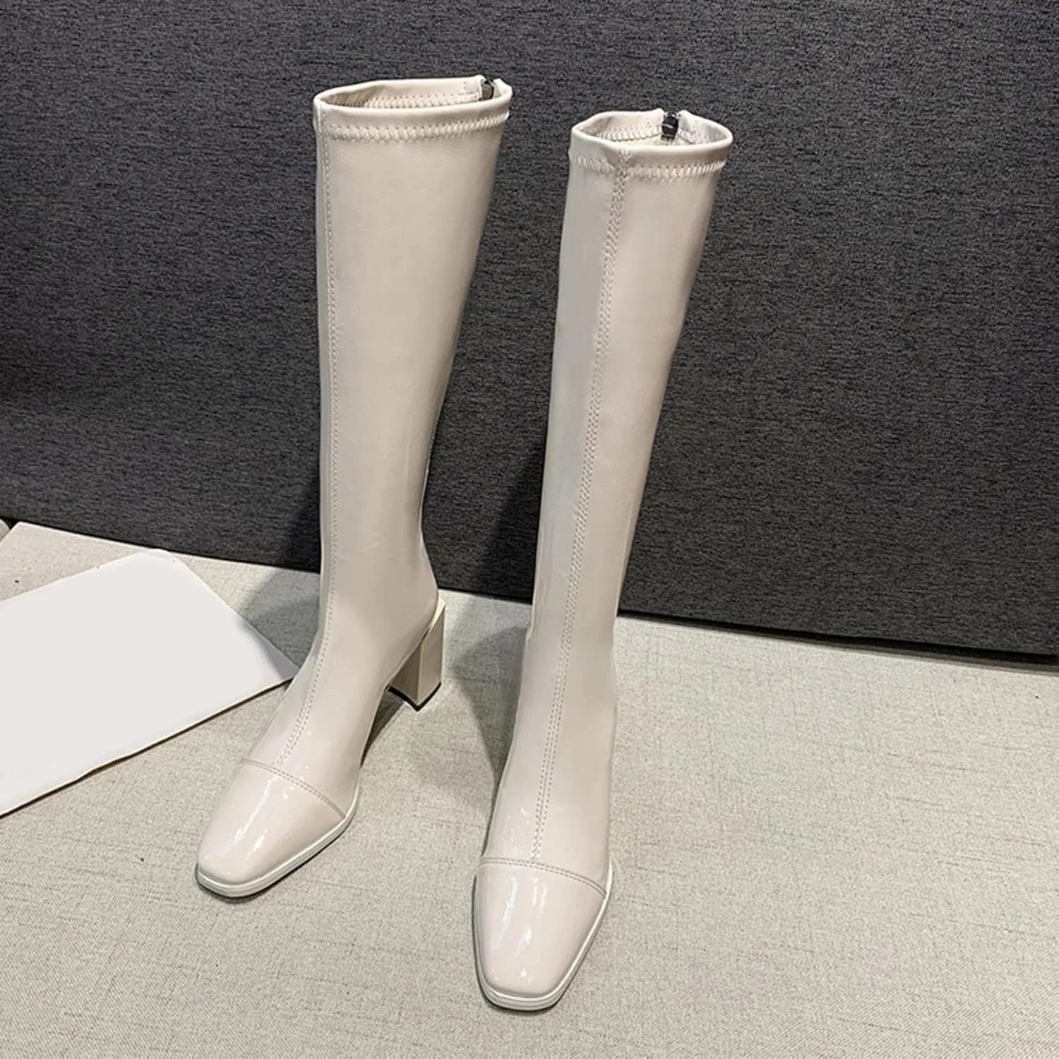 BORAMAX Women's Over The Knee Block Heel Zipper Boot Low Wedge Boots Square Toe Platform Boots Combat Boots (Wide-Calf)
