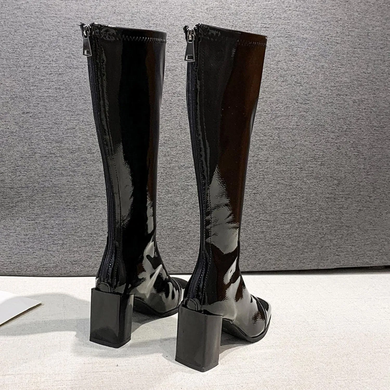 BORAMAX Women's Over The Knee Block Heel Zipper Boot Low Wedge Boots Square Toe Platform Boots Combat Boots (Wide-Calf)