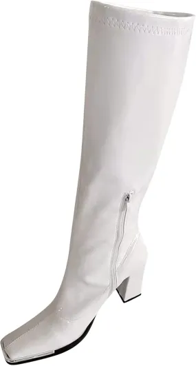 BORAMAX Women's Over The Knee Block Heel Zipper Boot Low Wedge Boots Square Toe Platform Boots Combat Boots (Wide-Calf)