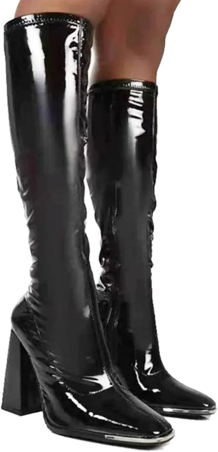 BORAMAX Women's Over The Knee Block Heel Zipper Boot Low Wedge Boots Square Toe Platform Boots Combat Boots (Wide-Calf)