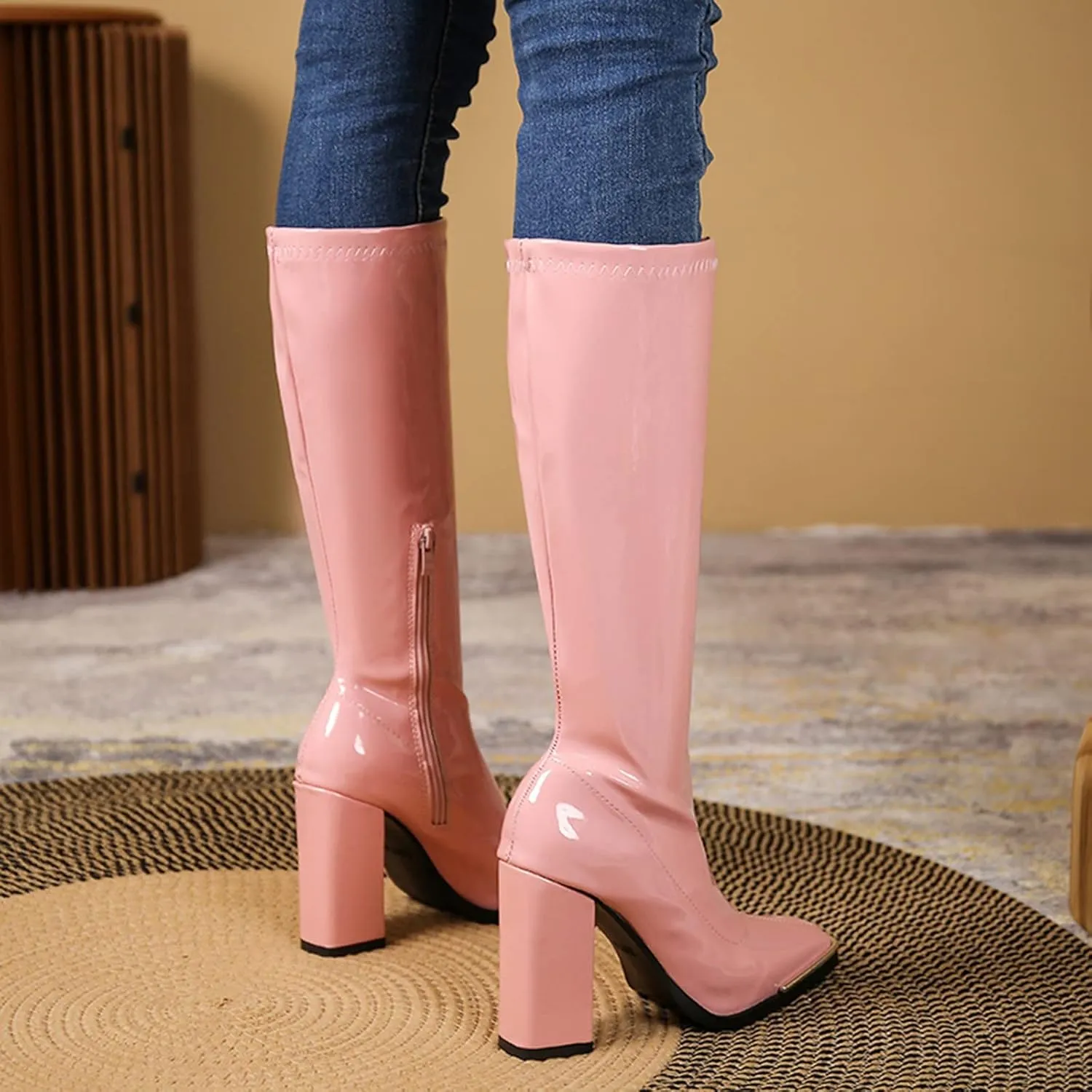 BORAMAX Women's Over The Knee Block Heel Zipper Boot Low Wedge Boots Square Toe Platform Boots Combat Boots (Wide-Calf)