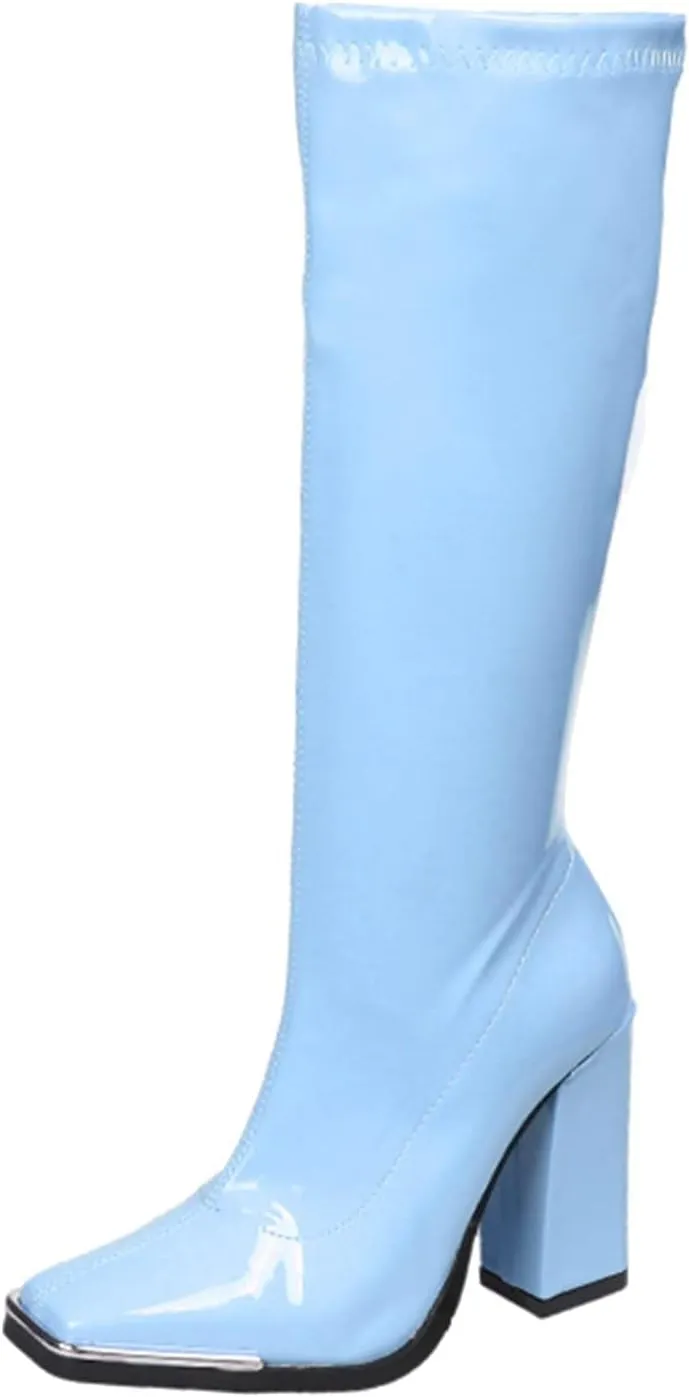 BORAMAX Women's Over The Knee Block Heel Zipper Boot Low Wedge Boots Square Toe Platform Boots Combat Boots (Wide-Calf)