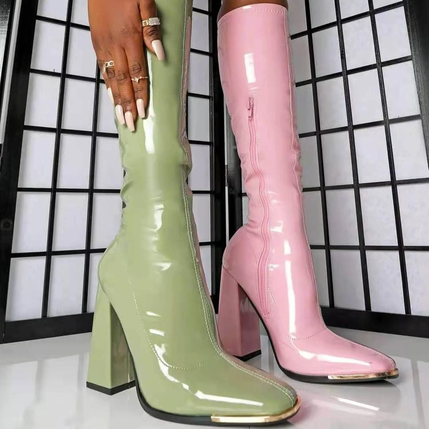 BORAMAX Women's Over The Knee Block Heel Zipper Boot Low Wedge Boots Square Toe Platform Boots Combat Boots (Wide-Calf)