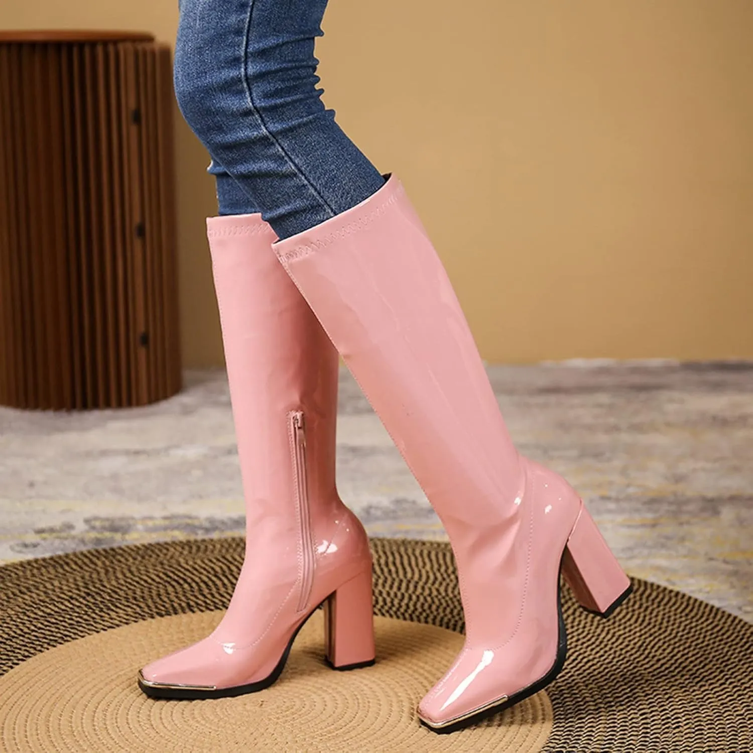 BORAMAX Women's Over The Knee Block Heel Zipper Boot Low Wedge Boots Square Toe Platform Boots Combat Boots (Wide-Calf)