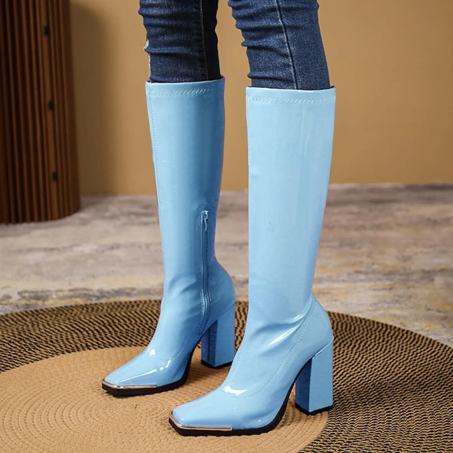 BORAMAX Women's Over The Knee Block Heel Zipper Boot Low Wedge Boots Square Toe Platform Boots Combat Boots (Wide-Calf)