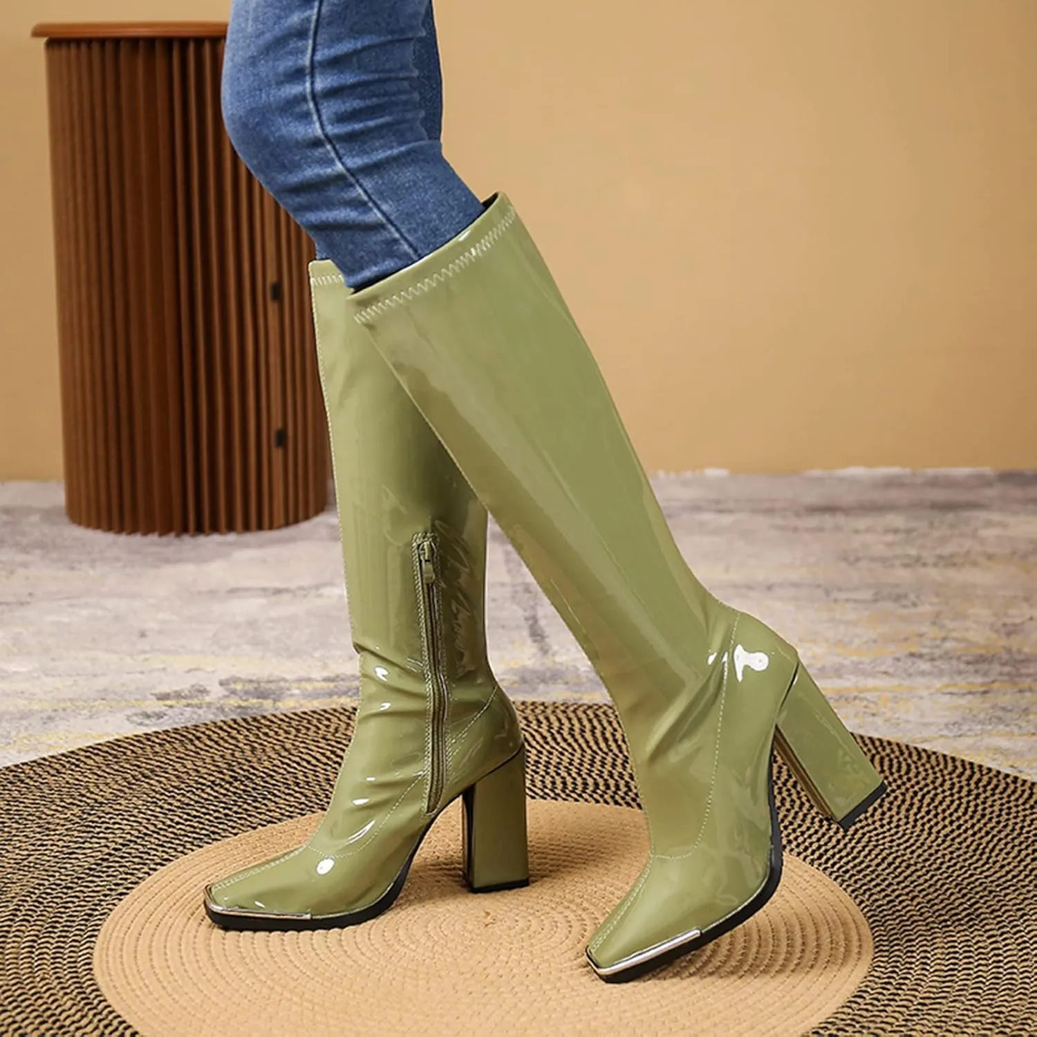 BORAMAX Women's Over The Knee Block Heel Zipper Boot Low Wedge Boots Square Toe Platform Boots Combat Boots (Wide-Calf)