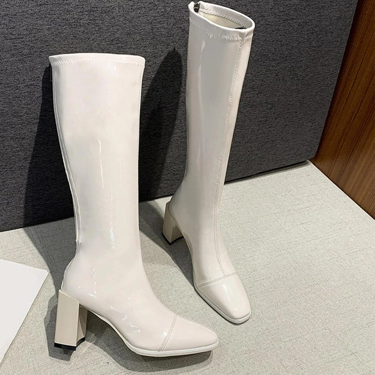 BORAMAX Women's Over The Knee Block Heel Zipper Boot Low Wedge Boots Square Toe Platform Boots Combat Boots (Wide-Calf)