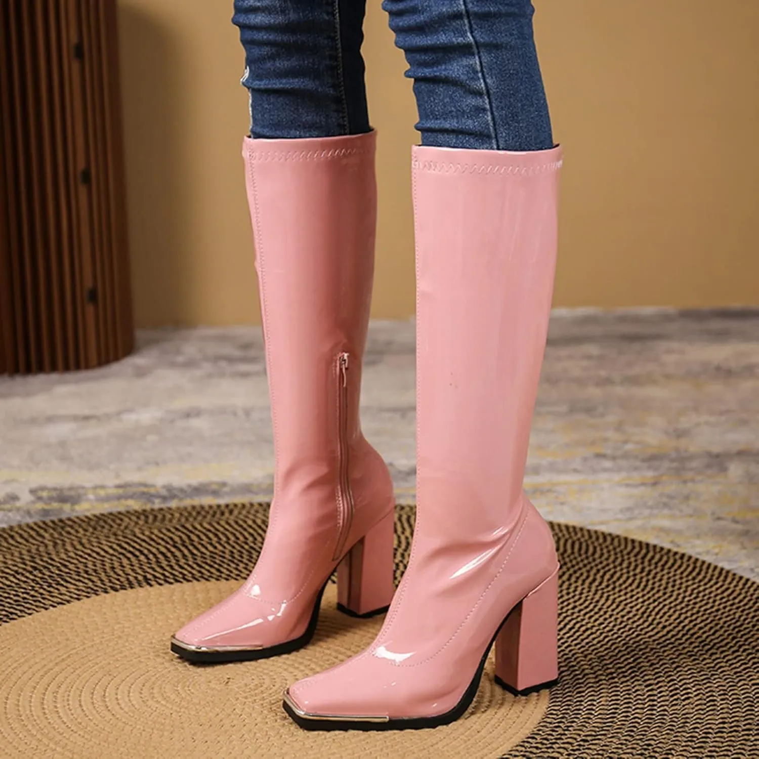 BORAMAX Women's Over The Knee Block Heel Zipper Boot Low Wedge Boots Square Toe Platform Boots Combat Boots (Wide-Calf)