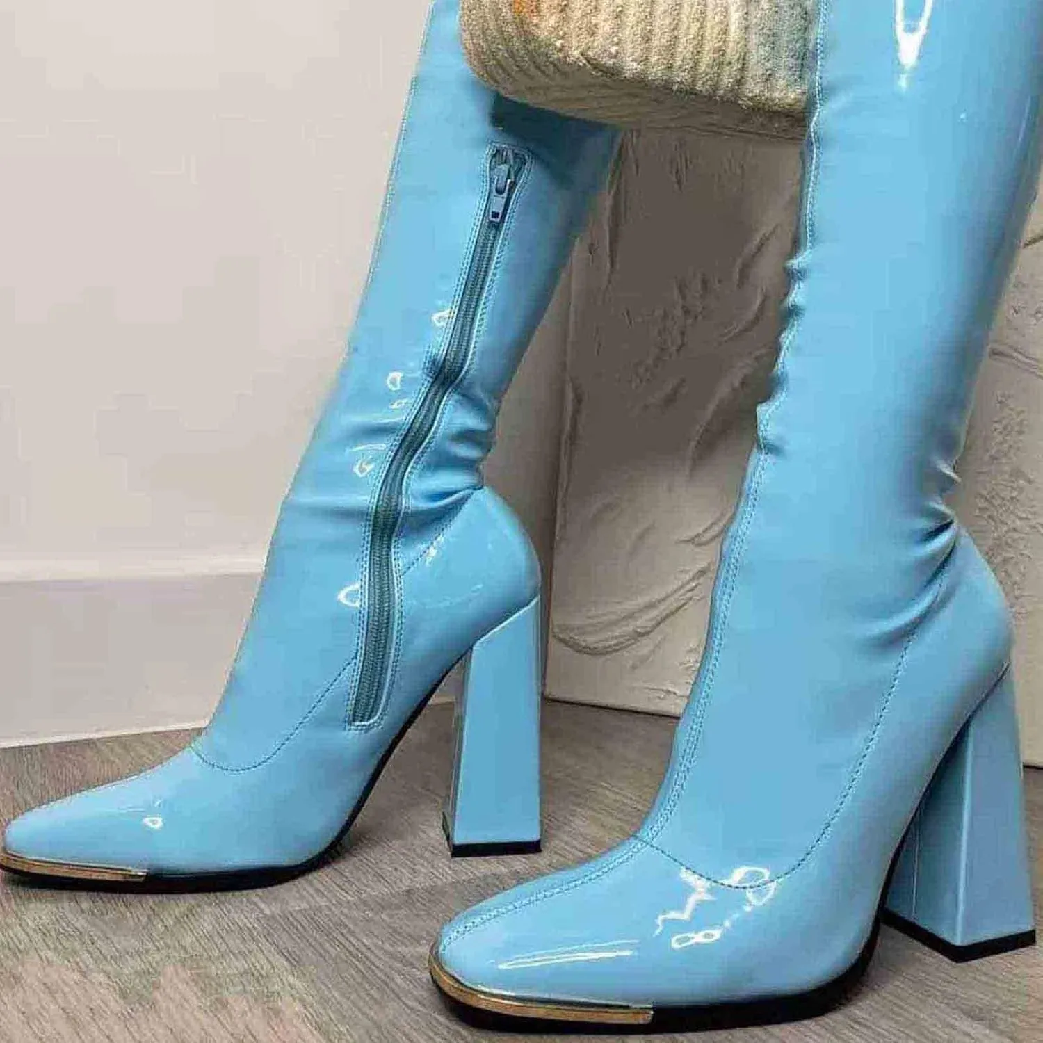 BORAMAX Women's Over The Knee Block Heel Zipper Boot Low Wedge Boots Square Toe Platform Boots Combat Boots (Wide-Calf)