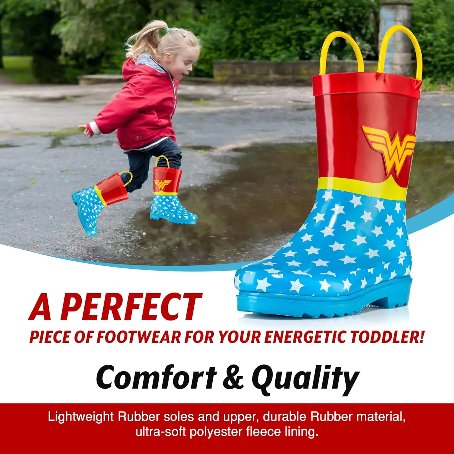 DC Comics Girls' Wonder Woman Printed Waterproof Easy-On Rubber Rain Boots (Toddler/Little Kids)