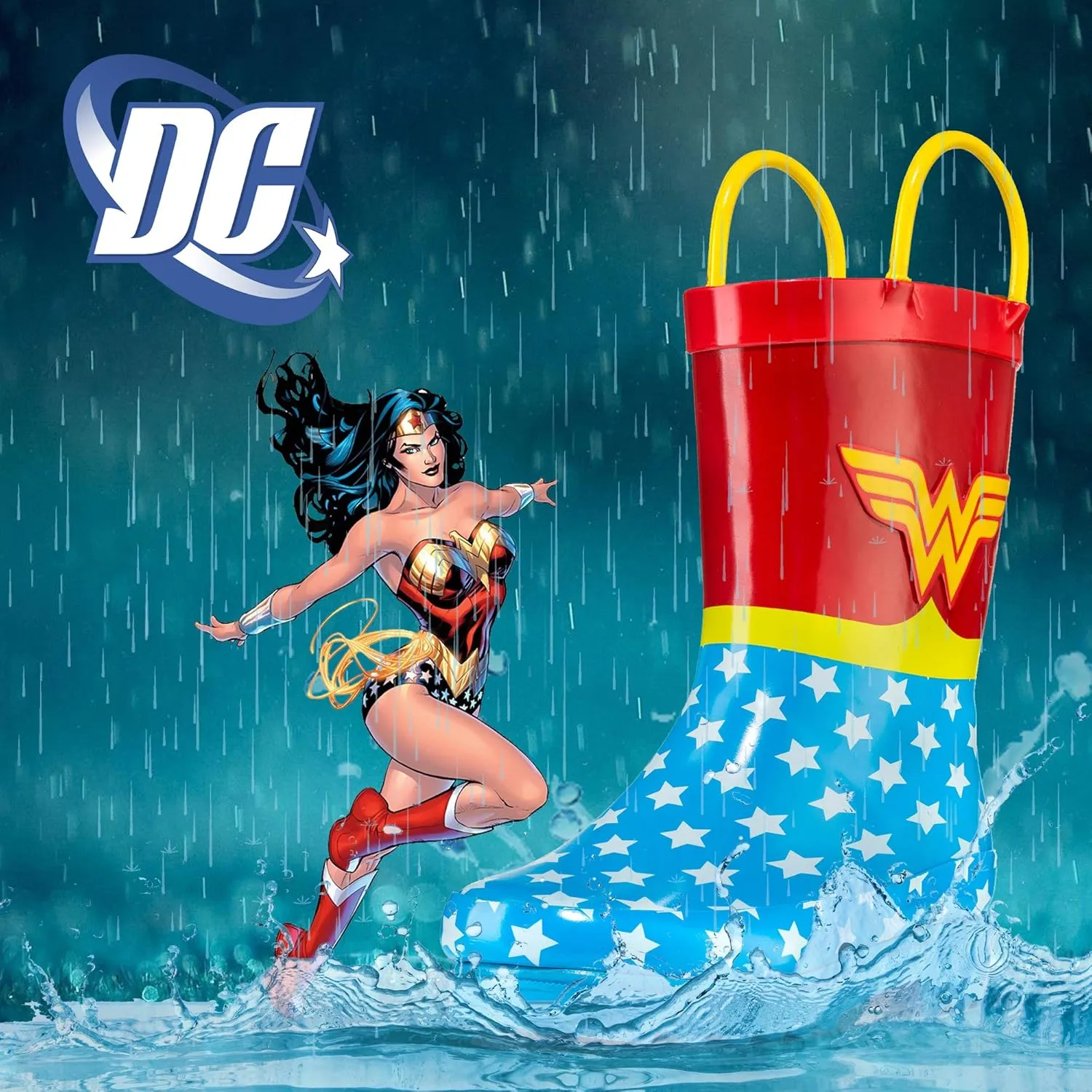 DC Comics Girls' Wonder Woman Printed Waterproof Easy-On Rubber Rain Boots (Toddler/Little Kids)