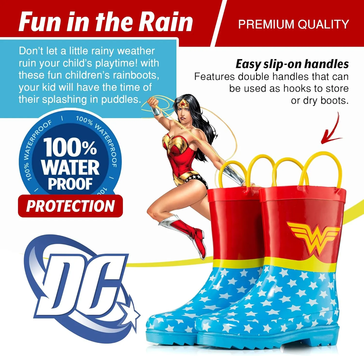 DC Comics Girls' Wonder Woman Printed Waterproof Easy-On Rubber Rain Boots (Toddler/Little Kids)