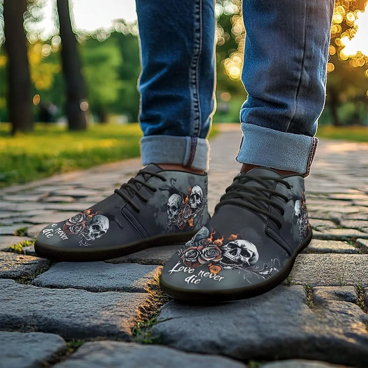 Forchrinse Blood Skull Mens Boots Fashion Sneakers Leather Mid Top Ankle Boots Lace up Walking Driving Shoes with Eva Sole