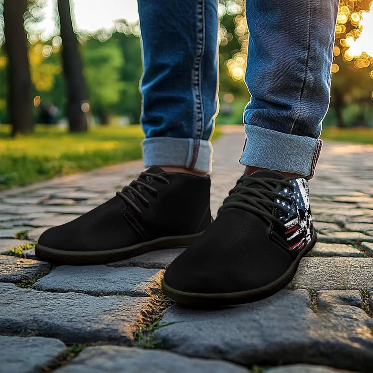 Forchrinse Blood Skull Mens Boots Fashion Sneakers Leather Mid Top Ankle Boots Lace up Walking Driving Shoes with Eva Sole