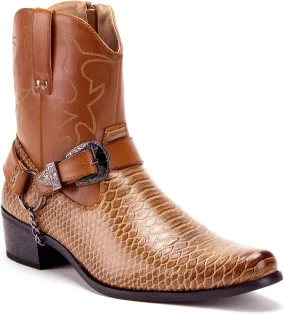 Jazame Cowboy Boots for Men Western Style Ankle High Motorcycle Riding Pointy Toe Moto Dress Boot Belt Buckle Faux Snake Skin Chain Accent
