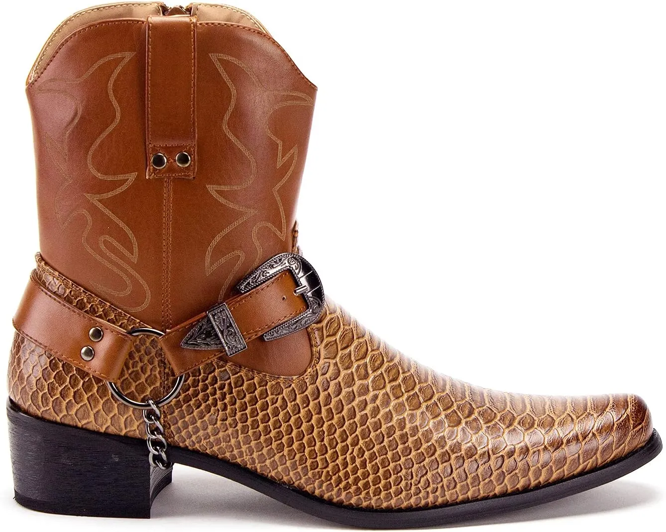 Jazame Cowboy Boots for Men Western Style Ankle High Motorcycle Riding Pointy Toe Moto Dress Boot Belt Buckle Faux Snake Skin Chain Accent