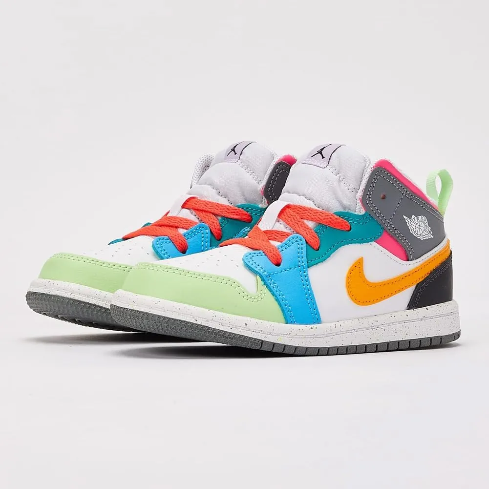 Jordan 1 Mid SE Toddler Shoes (FN1189-100, White/Taxi/Dark Shadow/Hyper Pink/New Emerald/Vapor Green)