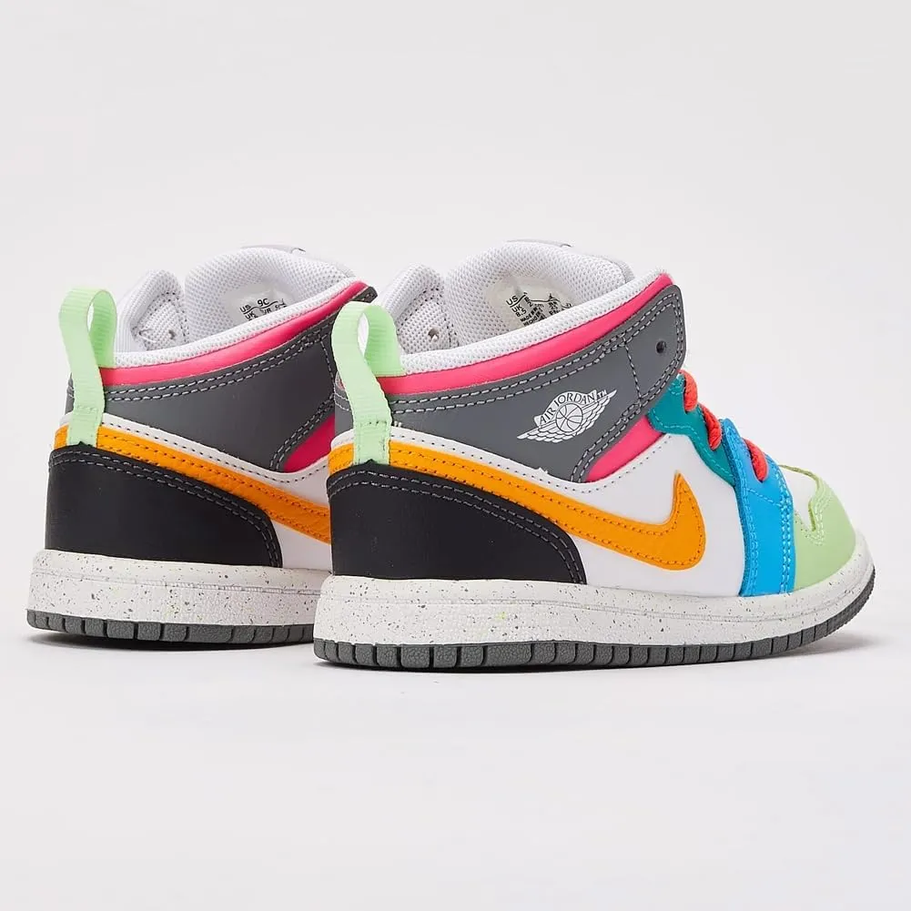 Jordan 1 Mid SE Toddler Shoes (FN1189-100, White/Taxi/Dark Shadow/Hyper Pink/New Emerald/Vapor Green)