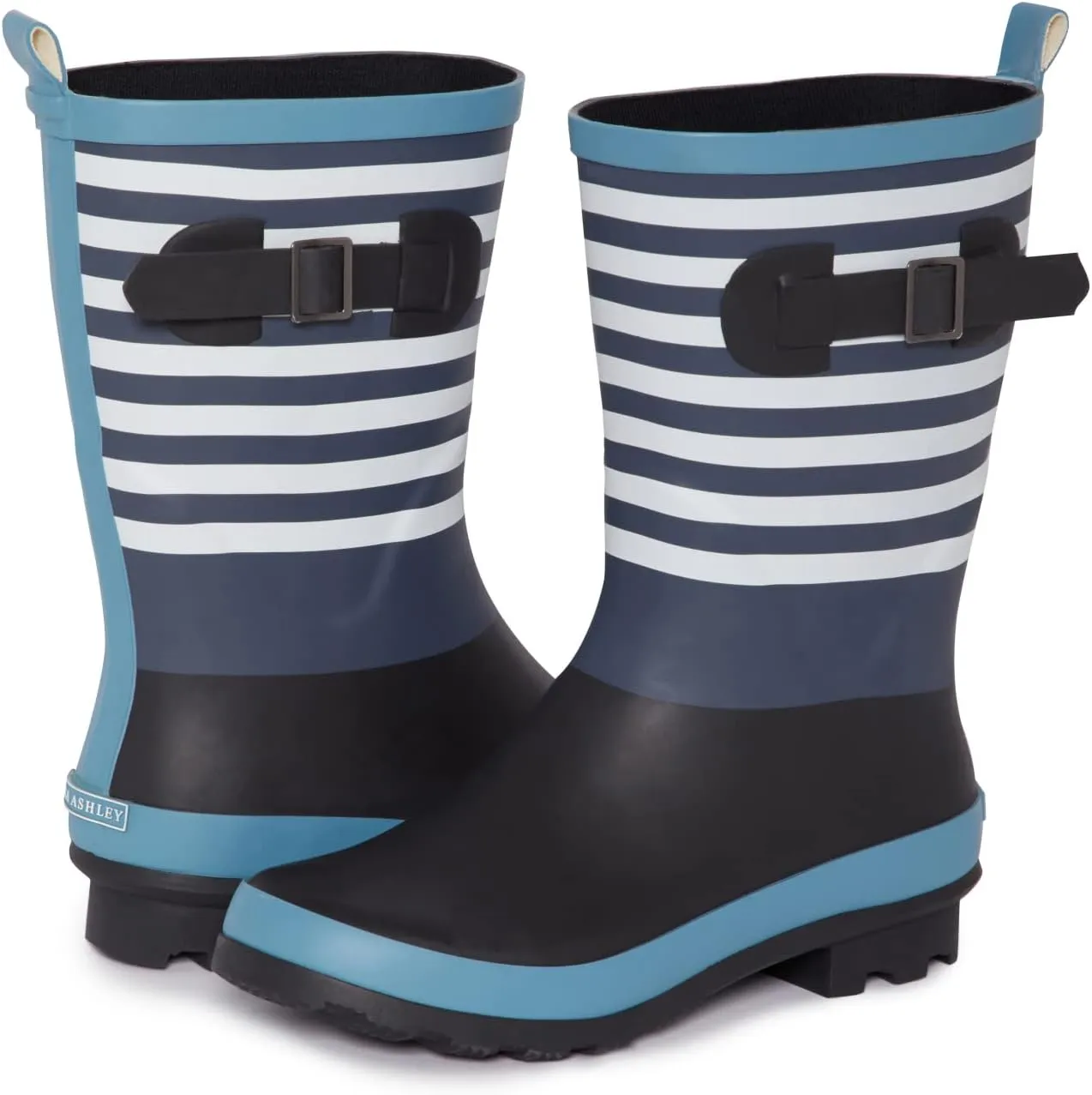 Laura Ashley Women's Rain Footwear, Stripe Mid Calf Waterproof Rubber Garden/Rainboots, Low Heel Slip Resistant Boots for Women
