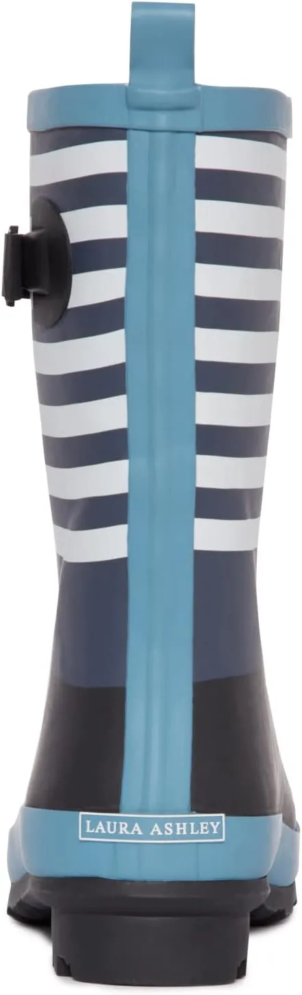 Laura Ashley Women's Rain Footwear, Stripe Mid Calf Waterproof Rubber Garden/Rainboots, Low Heel Slip Resistant Boots for Women