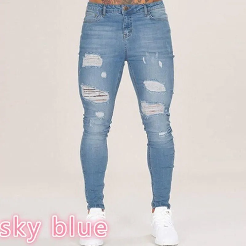 Skinny Long Trousers Men's Ripped Jeans High Waisted Pencil Pants