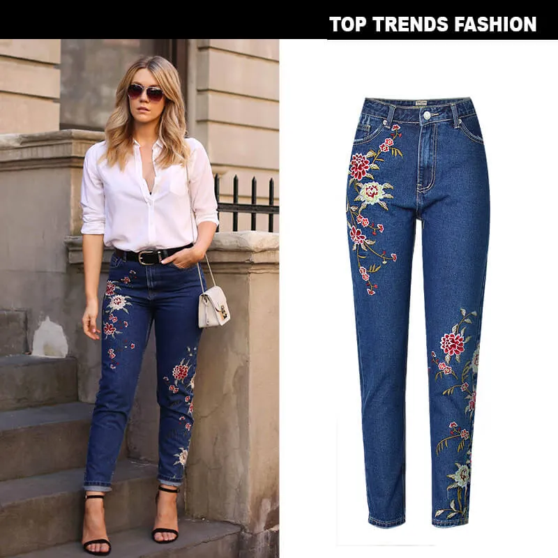 Slim Embroidered Jeans Newest High Waist Pencil Pants Women's Jeans
