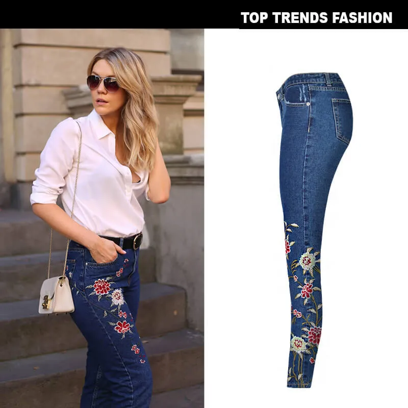 Slim Embroidered Jeans Newest High Waist Pencil Pants Women's Jeans