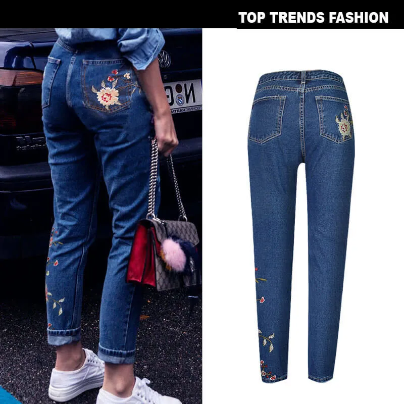 Slim Embroidered Jeans Newest High Waist Pencil Pants Women's Jeans
