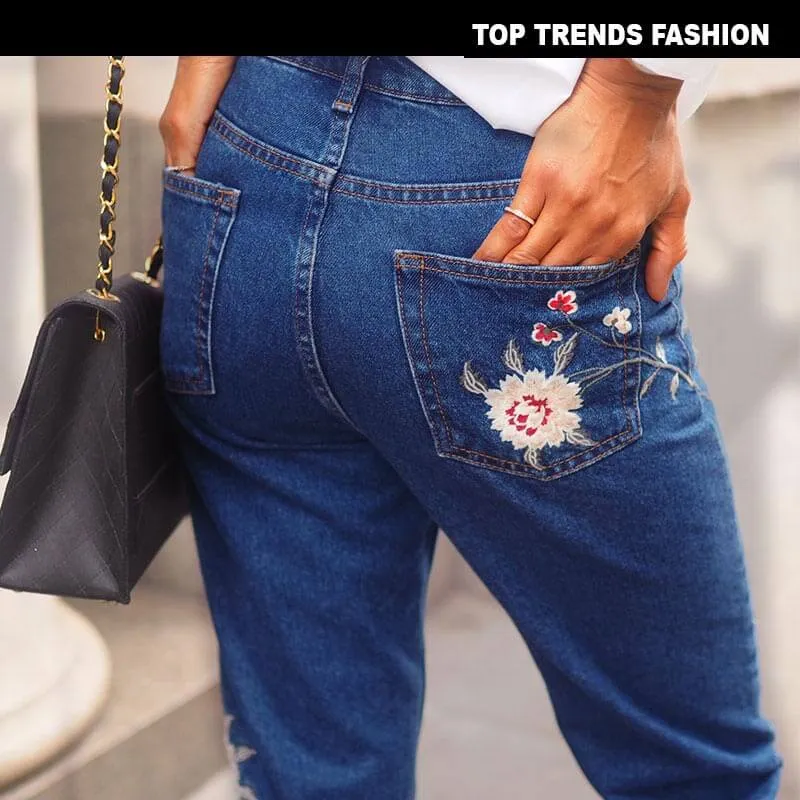 Slim Embroidered Jeans Newest High Waist Pencil Pants Women's Jeans