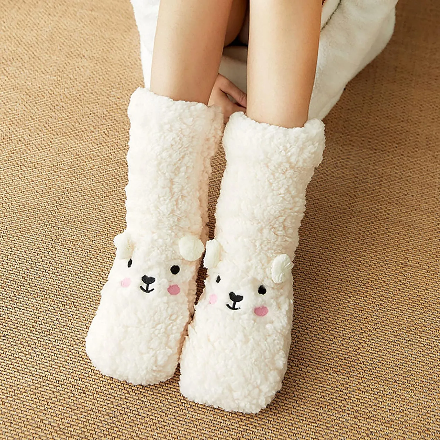Slipper Socks Women Winter Warm Super Soft Crew Socks Sleeping Cute Animal Gifts Socks Fuzzy Indoor Non-Slip Slipper Socks
