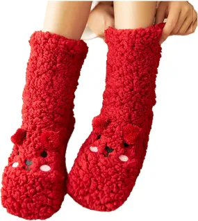 Slipper Socks Women Winter Warm Super Soft Crew Socks Sleeping Cute Animal Gifts Socks Fuzzy Indoor Non-Slip Slipper Socks