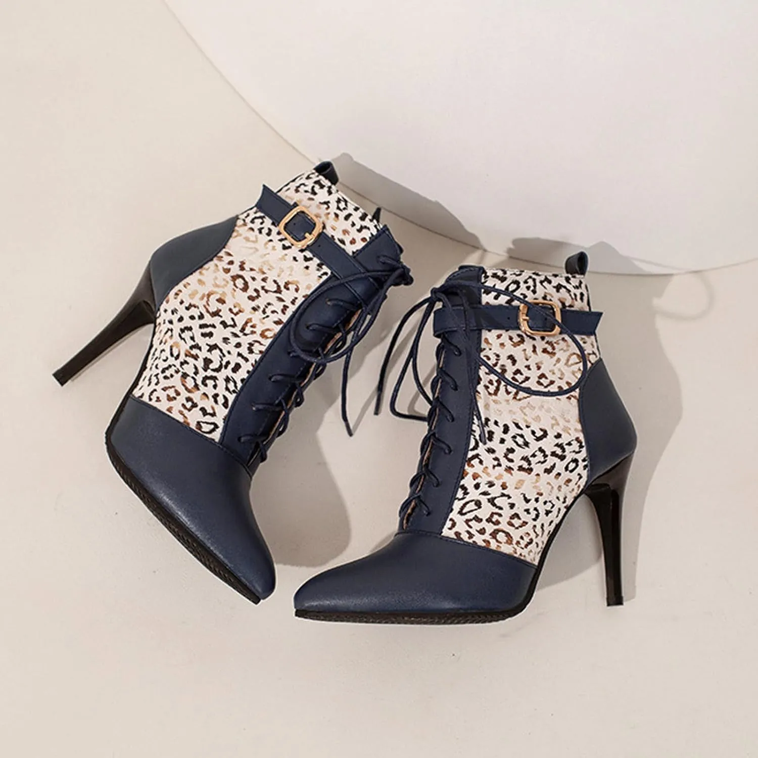 Women Ankle Boot Ladies High Heels Side Zipper Ladies Lace Up Mid Calf Boots Platform Synthetic Short Boots Elegant Shoe