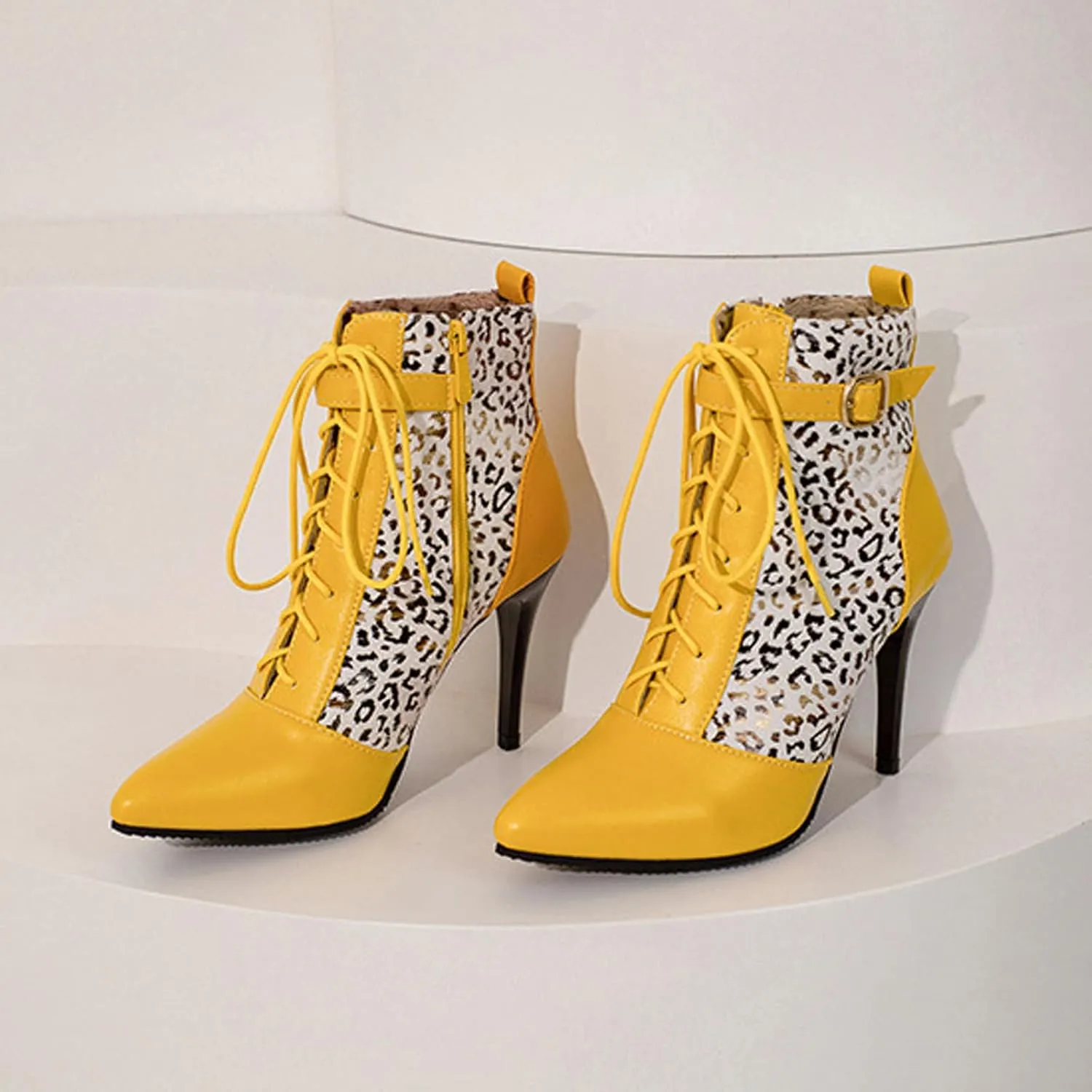 Women Ankle Boot Ladies High Heels Side Zipper Ladies Lace Up Mid Calf Boots Platform Synthetic Short Boots Elegant Shoe