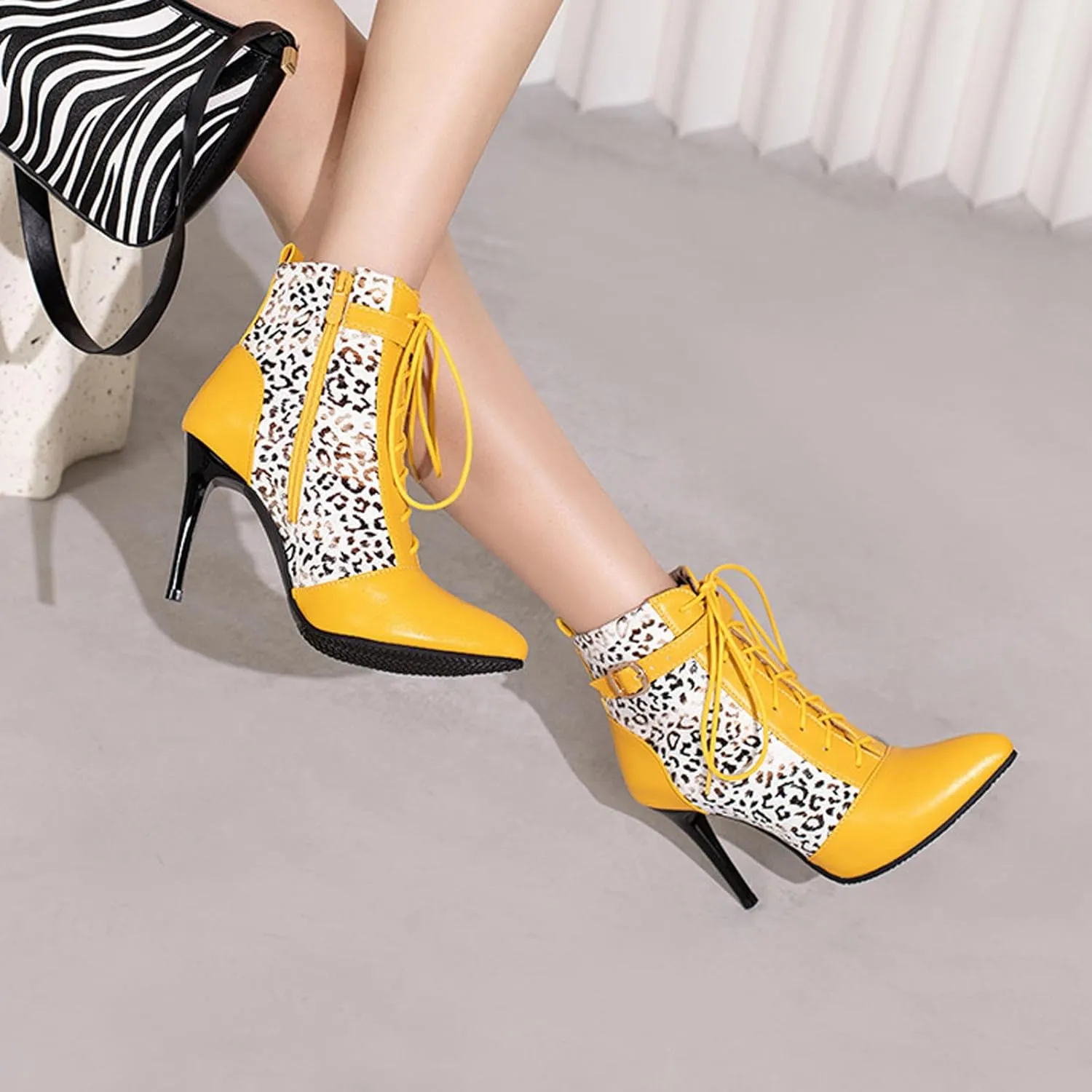 Women Ankle Boot Ladies High Heels Side Zipper Ladies Lace Up Mid Calf Boots Platform Synthetic Short Boots Elegant Shoe