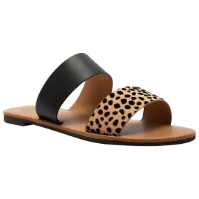 Women's Summer Sandals Two Band Slip On Flats Black/Leopard Brown